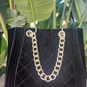 Chic Mossimo Black Quilted Velvet Tote Bag - Gold Chain Handles
